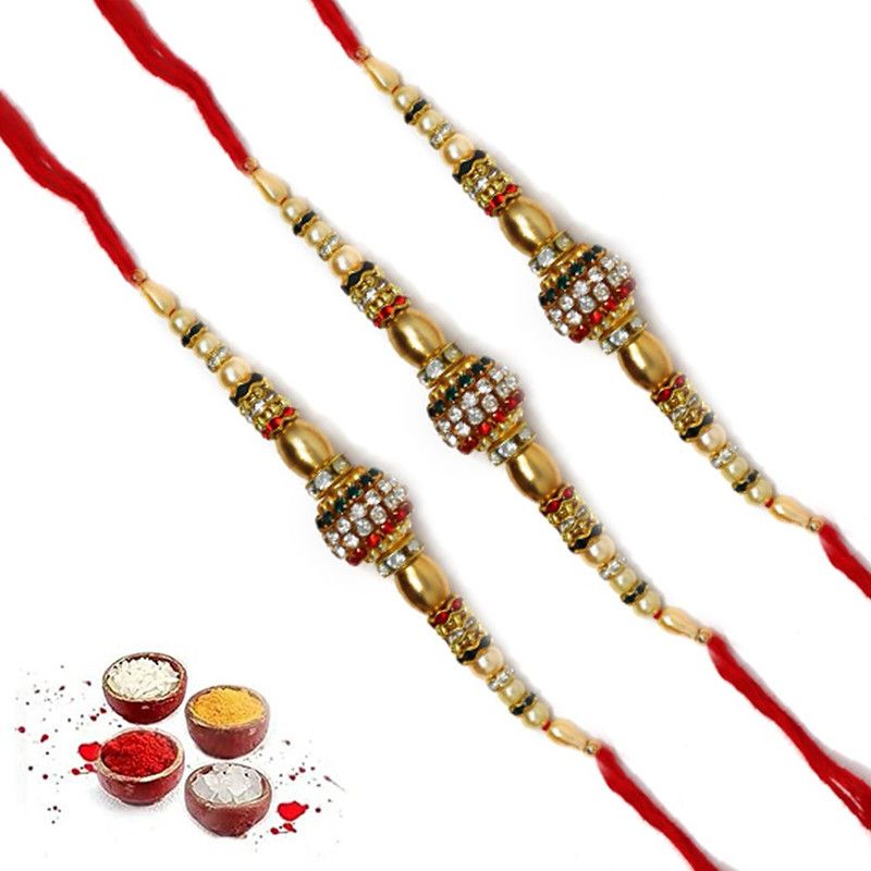 Rakhi, Chawal Roli Pack, Greeting Card Set  (3 Rakhi, Roli chwal, card)