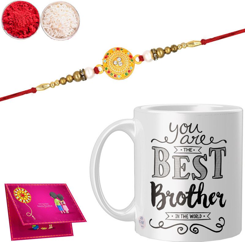 Rakhi, Chawal Roli Pack, Greeting Card, Mug Set  (1 Rakhi, 1 Mug, 1 Roli & Chawal, 1 Card)