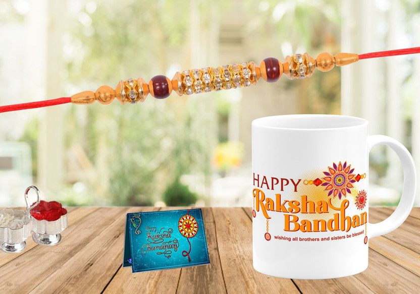 Rakhi, Mug, Chawal Roli Pack, Greeting Card Set  (Rakhi, Mug, RoliChawal, Greeting Card)