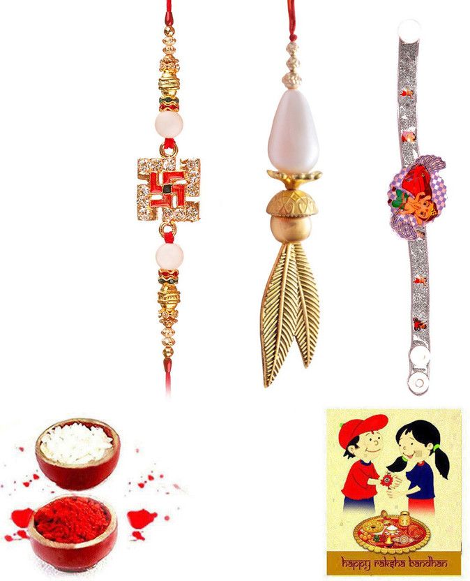 Rakhi Set  (1 Fancy Rakhi, 1LumbaRakhi, 1 Kids Rakhi, 1 Best Card, 1 roli and1 chawal)