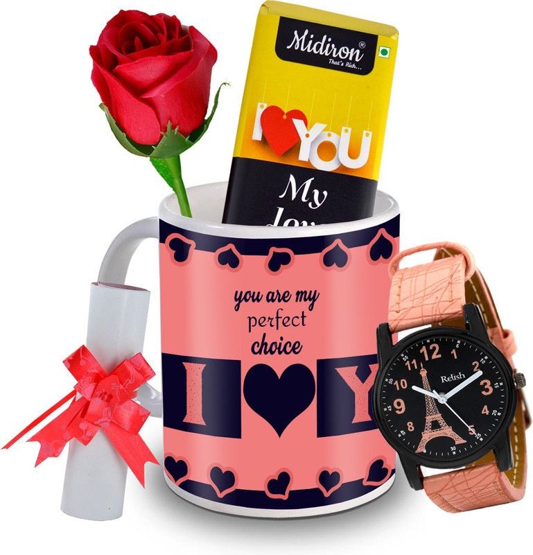 Midiron I Love You My Love Chocolate Bar with Artificial Rose, and Beautiful Watch, Love Letter, Coffee Mug, Gift for Valentine Day, Birthday, and Anniversary for Wife, Girlfriend, Fiance IZ20DTLoveBar6RoseLCWatF1MU-199 Ceramic Gift Box  (Multicolor)