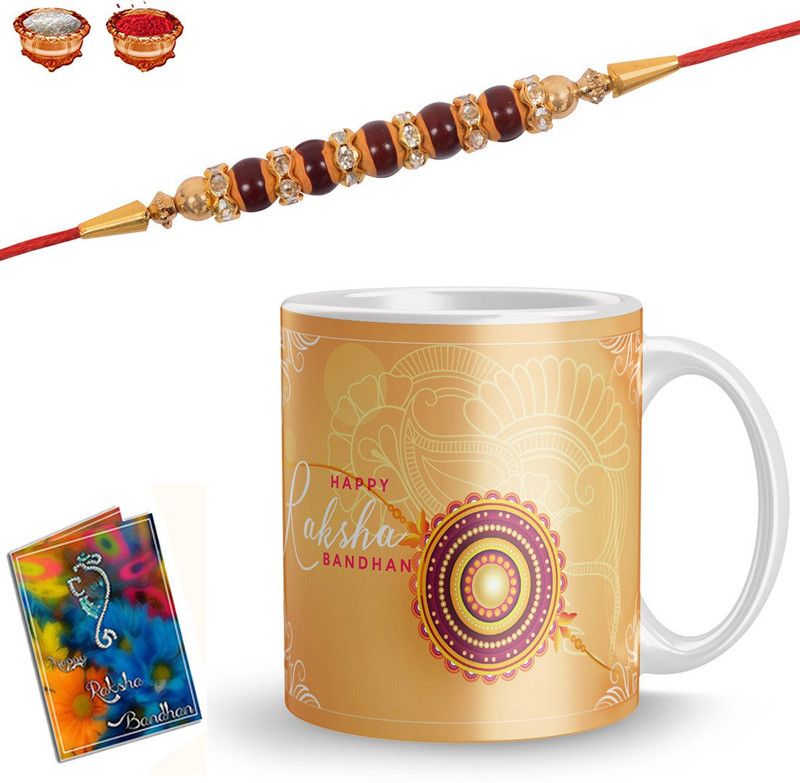 Chawal Roli Pack, Rakhi, Greeting Card, Mug Set  (1 Rakhi 1 Mug 1 Roli Chawal 1 Greeting Card)