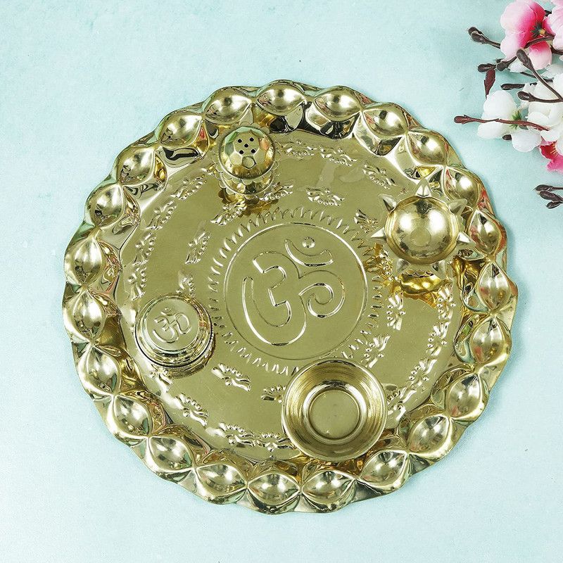 Shoperiya Pure Brass Special Puja Thali All in One Complete Set for Diwali Poojan/Pooja Room/Diwali Gifting Brass  (5 Pieces, Gold)