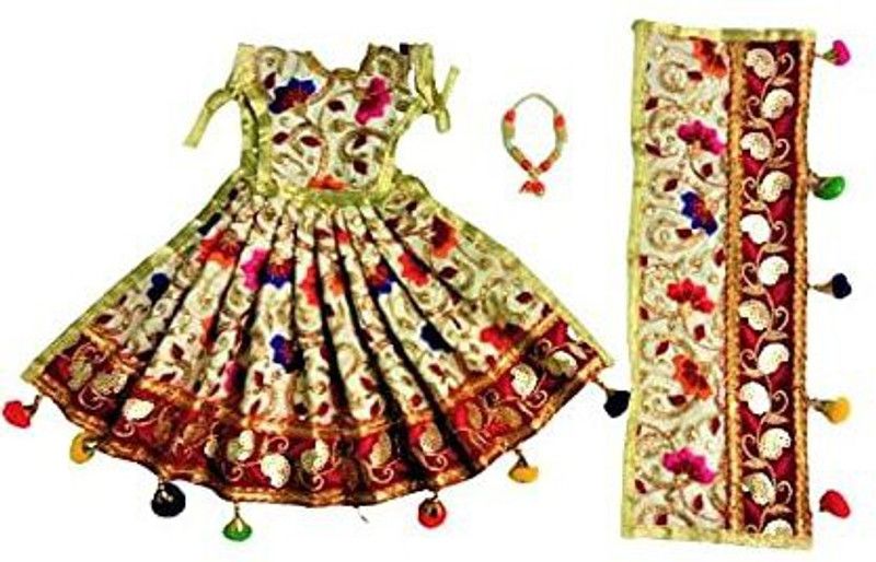 MountAlps Multi Coloured Navratri Special, Mata Rani Vastra, Devi Mata Poshak, Durga Mata Dress, Radha Rani Poshak for Standing Idol, made of Silk Cloth. Combo of 1 Dress and 1 Mala. Dress Size: Choli 6 Inch + Lehenga 11 Inch. Dress  (Silk)