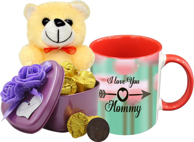 Midiron Lovely Gifts For Mother, Dark Chocolate Bar, Ceramic Mug with Cream Teddy IZ19Choco15TinBox4PurMUrTCr-STMother-09 Ceramic, Silk Gift Box  (Multicolor)