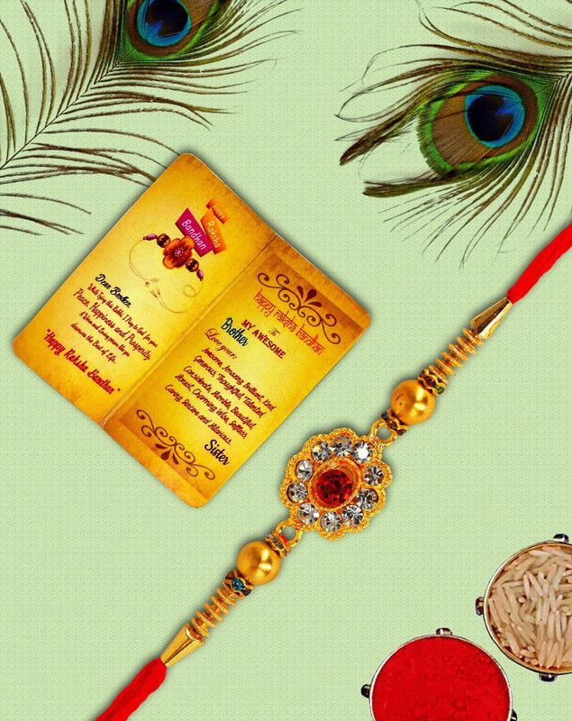 Chawal Roli Pack, Rakhi, Greeting Card Set  (1 Designer Rakhi, 1 Small Rakhi Wishing Card, Chawal Roli Pack)