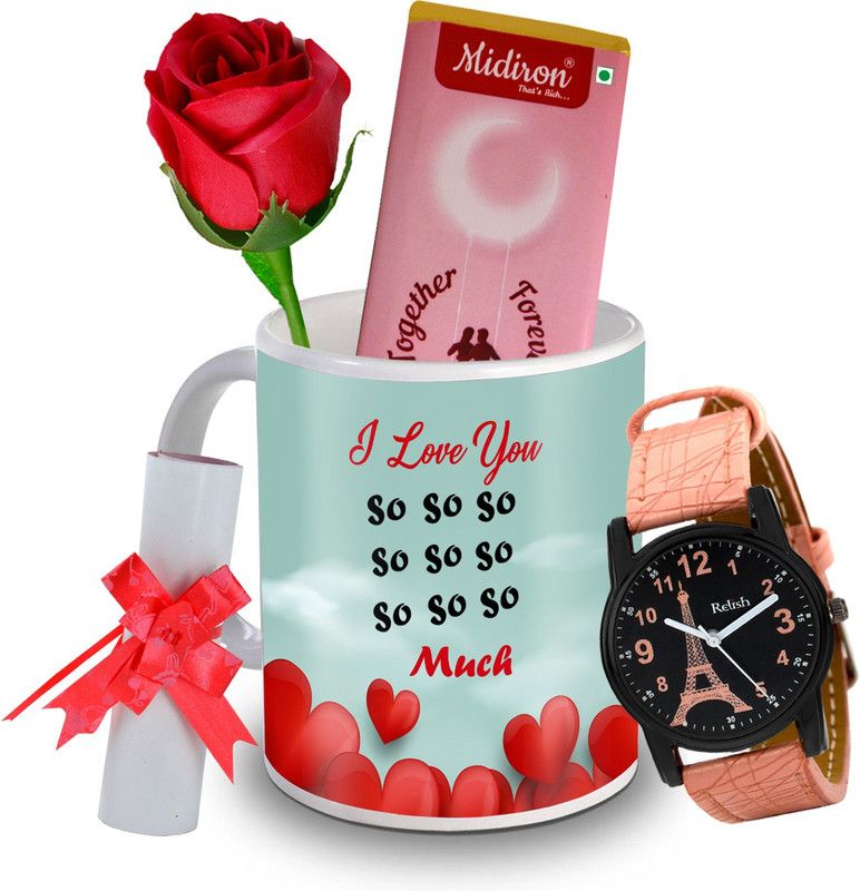 Midiron Together Forever Chocolate Bar with Artificial Rose, and Beautiful Watch, Love Letter, Coffee Mug, Gift for Valentine Day, Birthday, and Anniversary for Wife, Girlfriend, Fiance IZ20DTLoveBar8RoseLCWatF1MU-198 Ceramic Gift Box  (Multicolor)
