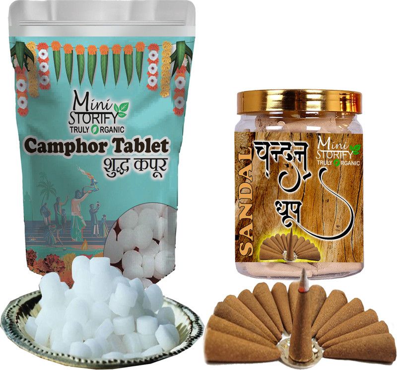 Mini Storify Truly Organic Camphor tablet 100gm,Sandle dhoop Cone 70pcs (Pack of 2) Dhoop  (Pack of 2)