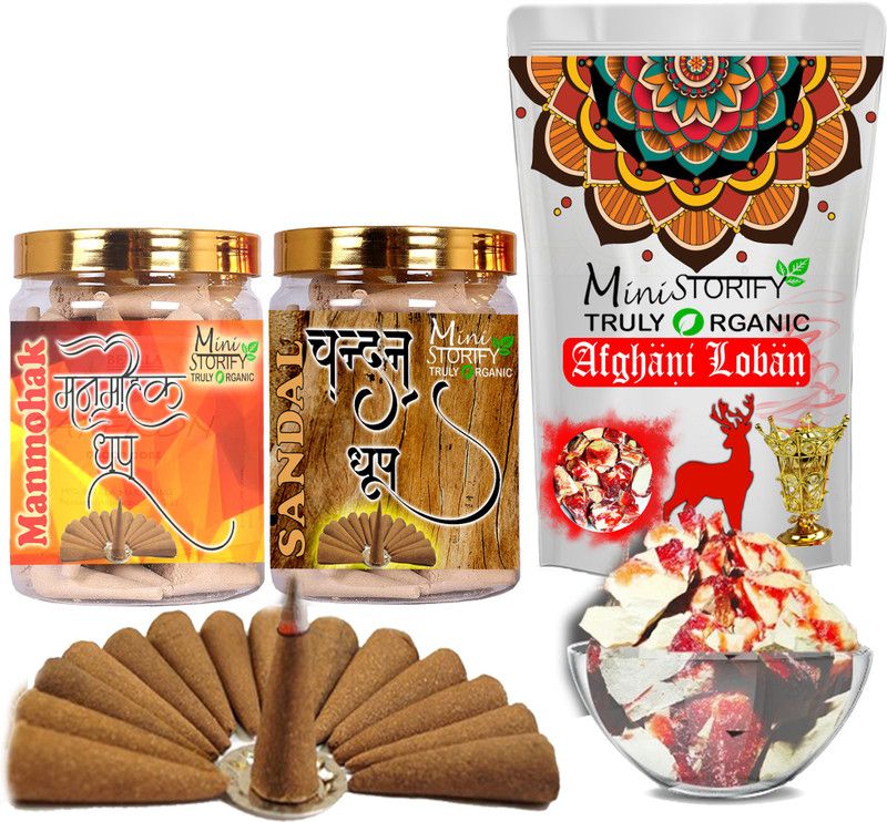Mini Storify Truly Organic Red loban150gm,Manmohak dhoop Cone 70pcs,Sandle dhoop Cone 70pcs (Pack of 3) Dhoop  (Pack of 3)