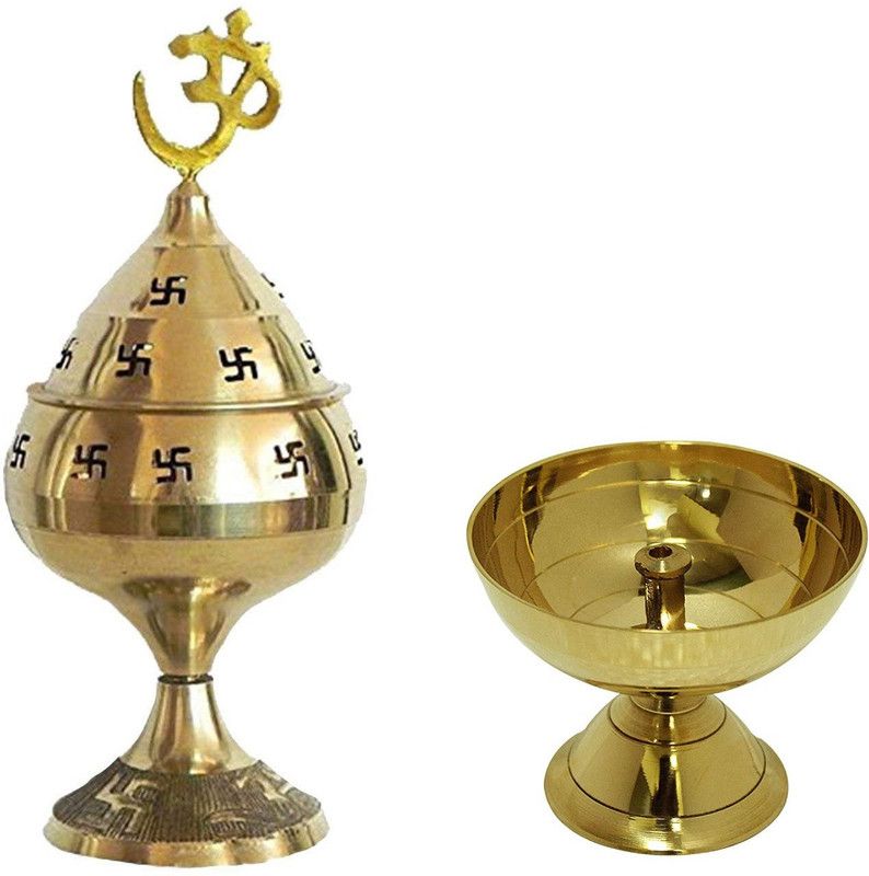 De-Ultimate Combo Of 2 Pcs Classic Round Paro Pyali Diya With ( No.3 )Jali Akhand Jyoti Deep with Stand, Cover & Om Puja For Worship/Spirtual/Religion Brass  (2 Pieces, Yellow)