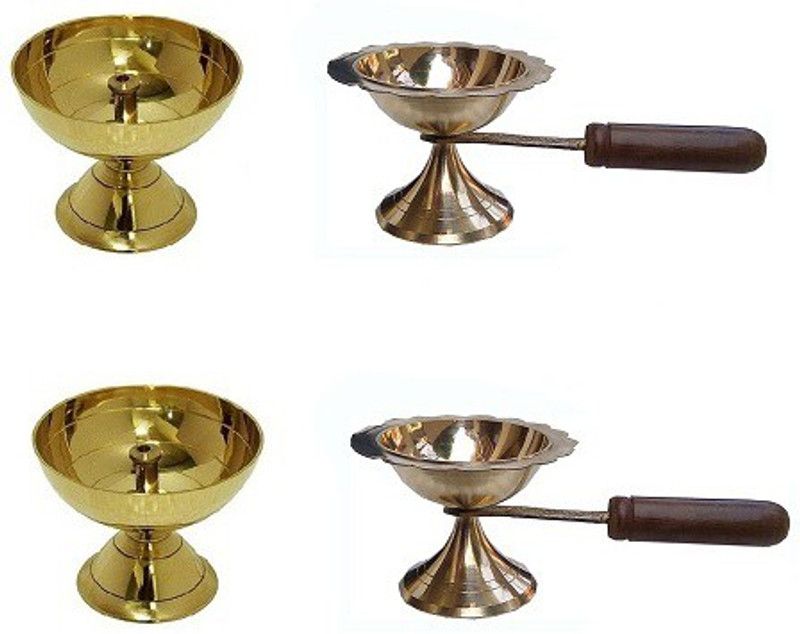 De-Ultimate Combo of 2 Pcs Paro Pyali (2 No Regular Size ) Brass Diya And 2 Pcs Brass Table Oil Ghee Lamp Puja ( 1 No Small Size ) Diya with Long Wooden Handle For Puja Purpose Brass  (Gold)