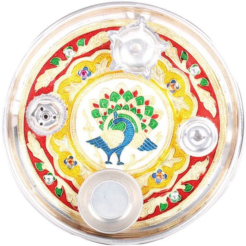 Apkamart Minakari Decorated Plate 8 Inch with Diya Steel  (1 Pieces, Multicolor)