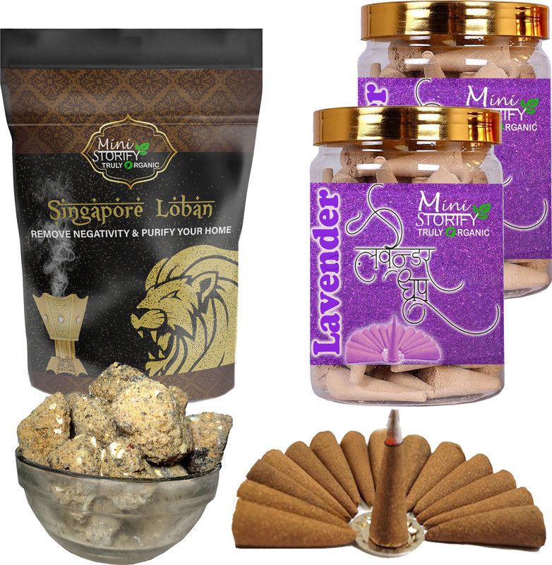 Mini Storify Truly Organic Singapuri loban 250gm,Lavender dhoop Cone 70+70pcs (Pack of 3) Dhoop  (Pack of 3)