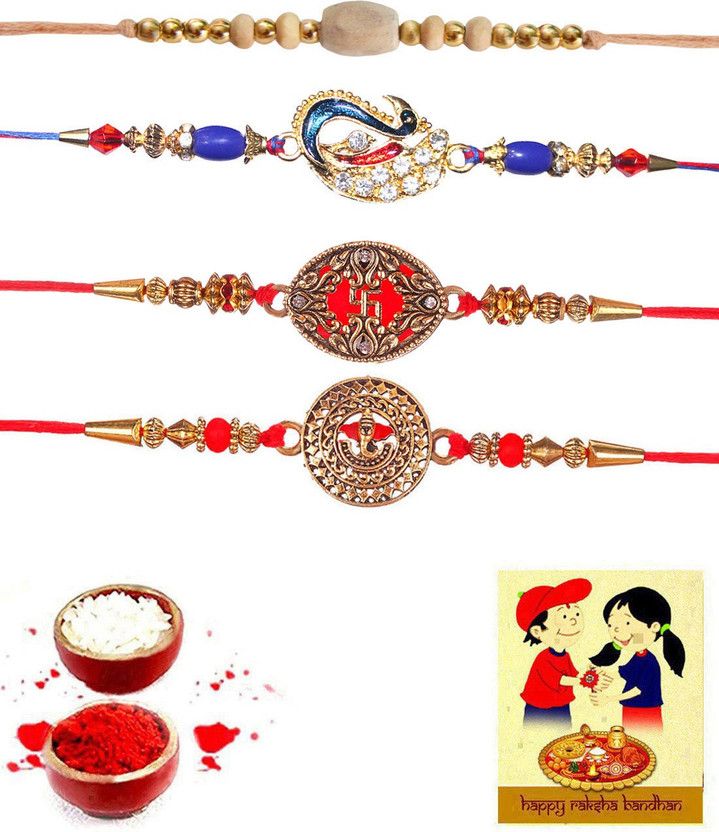 Rakhi, Chawal Roli Pack, Greeting Card Set  (4 Rakhi, 1 Greeting Card, 1 roli chawal pack)