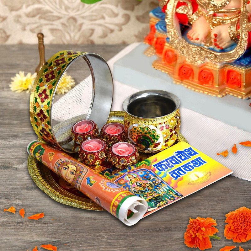 ME&YOU karwachauth thali set| karwachauth puja thali set | Pooja Thal | Lota /Kalash | Channi | Story Book | Calendar | Decorative Diya for Karwa Chauth Pooja Steel  (Multicolor)