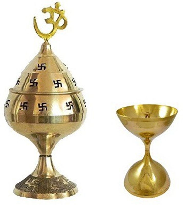 Adhvik Combo Of Brass ( No.3 )Jali Jyoti Deep with Stand With Classic Round Pure Brass Akhand Jyot ( 1 No Small Size )Puja Diya Brass  (Gold)