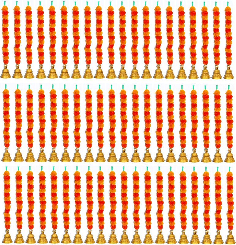 iHandikart Marigold Artificial Fluffy Mini Garlands with Bell, Colour Light & Dark Orange Plastic Garland  (Multicolor)