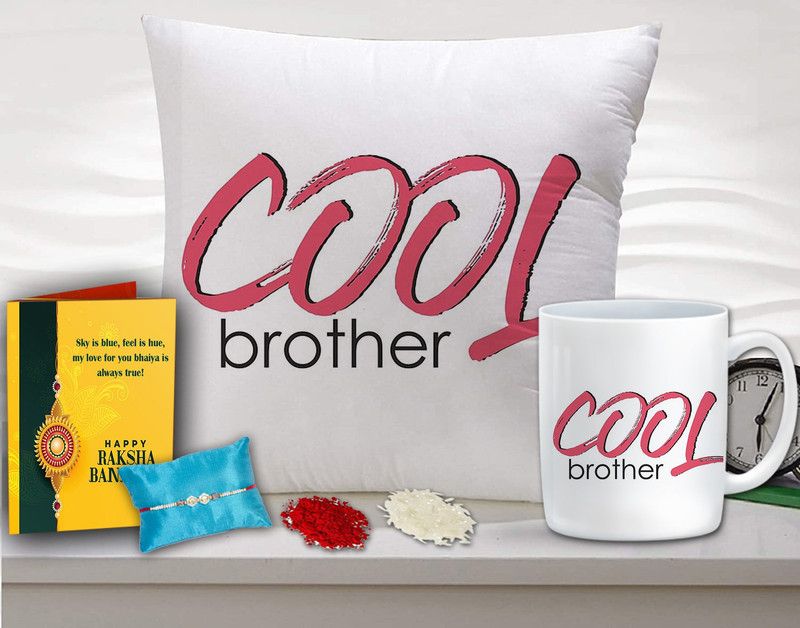 Cushion Cover, Mug, Rakhi, Chawal Roli Pack Set  (1 Cushion Cover, Mug, Rakhi, Tikka and Chawal)