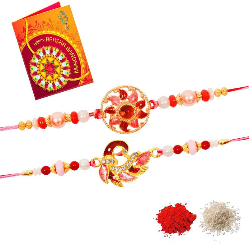 Rakhi, Chawal Roli Pack, Greeting Card Set  (2 Rakhi, 1 Roli Chawal Set, 1 Greeting Card)