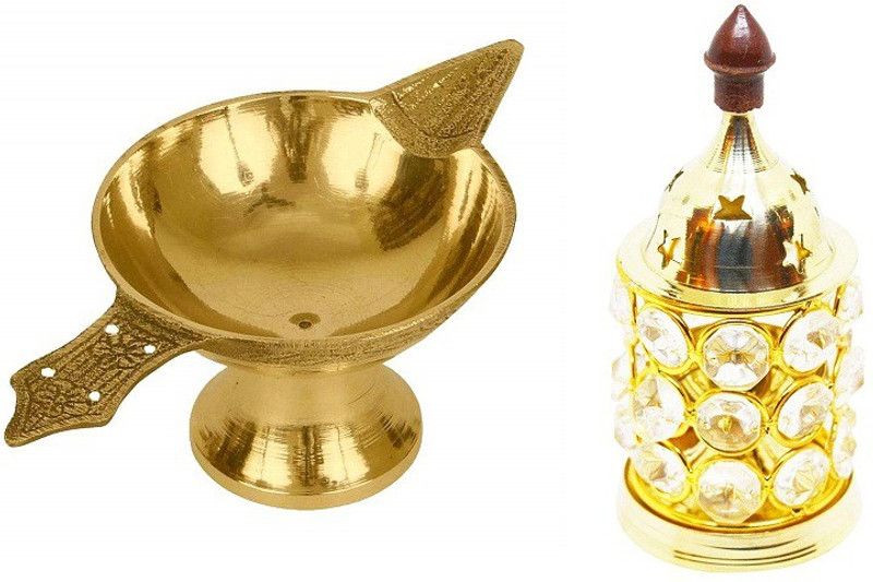 Adhvik Combo Of Crystal Akhand Diya Decorative Brass Oil Lamp Tea Light Holder With Akhand Laxmi Deepak Pital Diya Brass  (Gold)