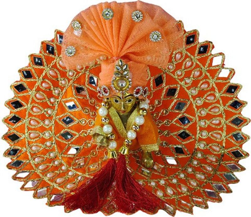 Pujabag Laddu Gopal Designer Orange Pearl & Mirror Dress with Pagadi|Size 3&4 |8 Inches Dress  (Cotton)