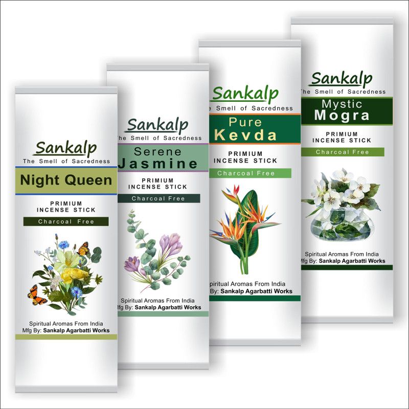 Sankalp NightQueen, Jasmine, Kevda, Mogra Incense Sticks - Agarbatti | Pack of 4x 100gm| Natural Flower Fragrance  (66, Set of 4)