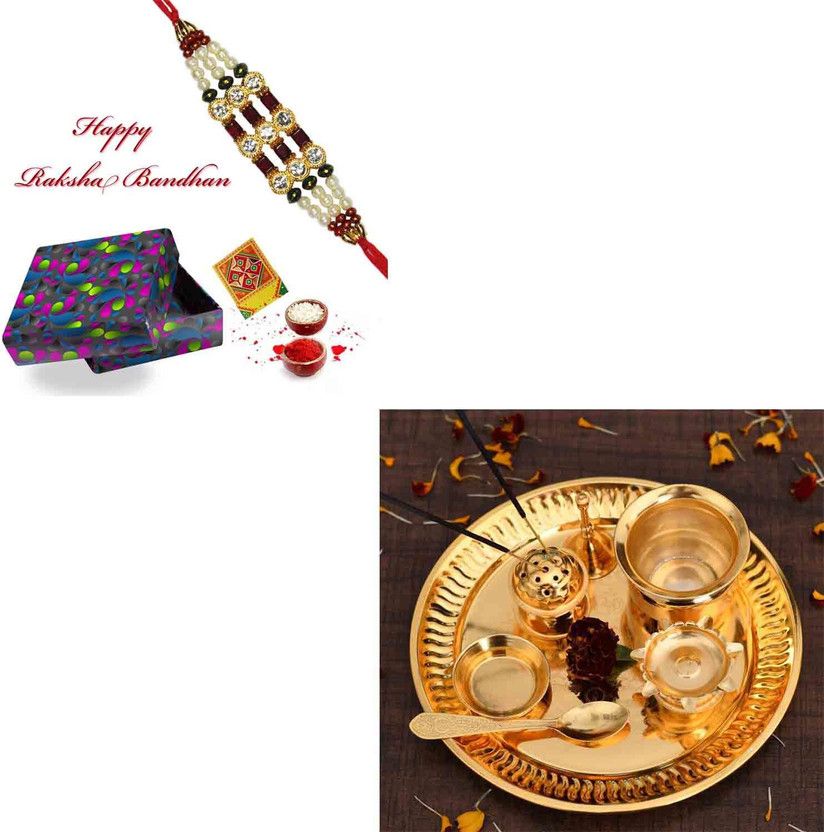 Rakhi, Thali Set  (1 Rakhi, 1 Roli, 1 Chawal, 1 Pooja Thali, 1 Kalash, 1 Diya, 1 Agardan, 1 Bell, 1 Spoon, 1 Roli Chawal Katori)