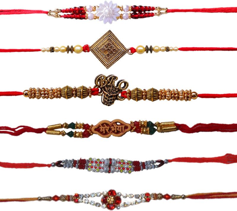 Rakhi, Greeting Card Set  (6 pcs Rakhi with Greeting Card & Roli Chawal)