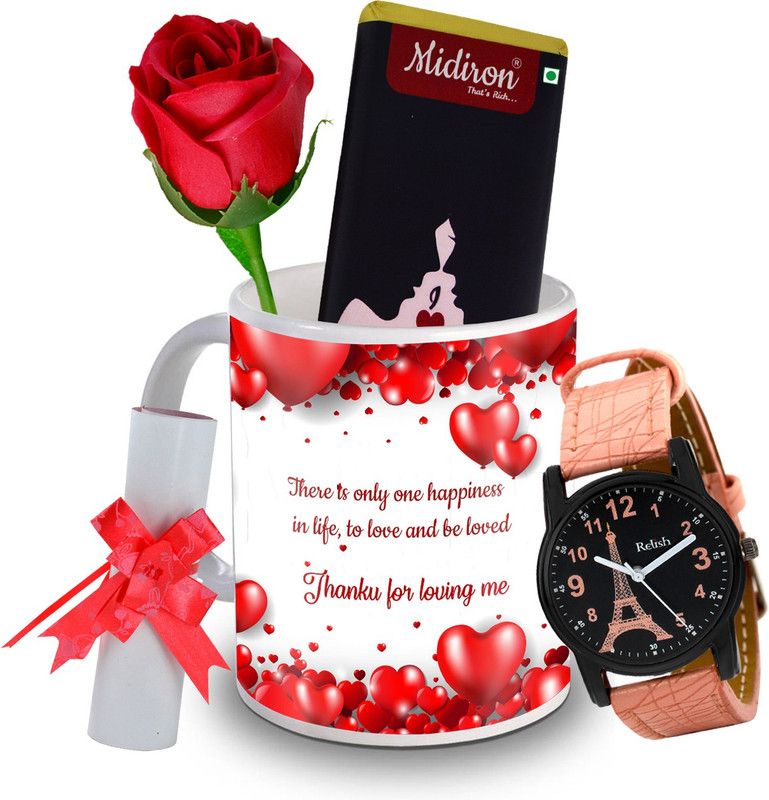 Midiron Love You Chocolate Bar with Artificial Rose, and Beautiful Watch, Love Letter, Coffee Mug, Gift for Valentine Day, Birthday, and Anniversary for Wife, Girlfriend, Fiance IZ20DTLoveBar7RoseLCWatF1MU-193 Ceramic Gift Box  (Multicolor)