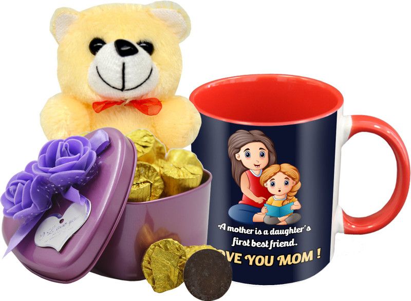 Midiron Special Gifts For Lovely Mom, Dark Chocolate with Printed Ceramic Mug & Cream Soft Teddy IZ19Choco15TinBox4PurMUrTCr-STMother-25 Ceramic, Silk Gift Box  (Multicolor)