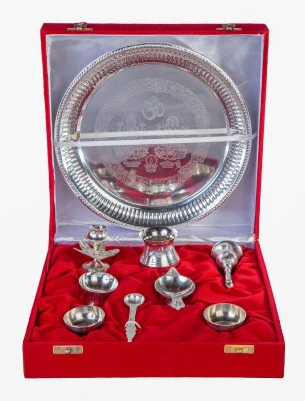 HK Gauri Singari Silver pooja thali set with beautiful velvet box packing Aluminium  (8 Pieces, Silver)