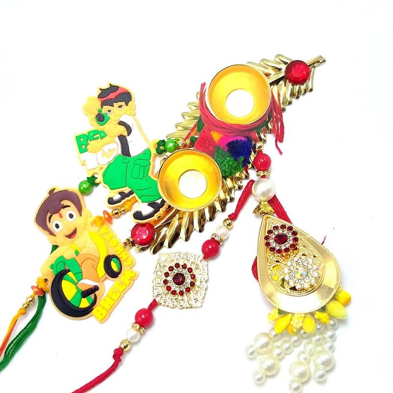 Lumba, Thali, Chawal Roli Pack, Rakhi Set  (1 Bhabi Rakhi/Lumba,, 1 Bhai Rakhi, 2 Kids Rakhi, 1 pooja thali with Kumkum and Chawal)