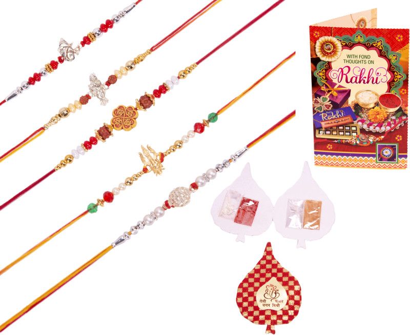Priva Arts Rakhi, Chawal Roli Pack, Greeting Card  (Pack of 5 Rakhi, Free Roli, Chawal, Chandan, Mishri, Free Greeting Card)