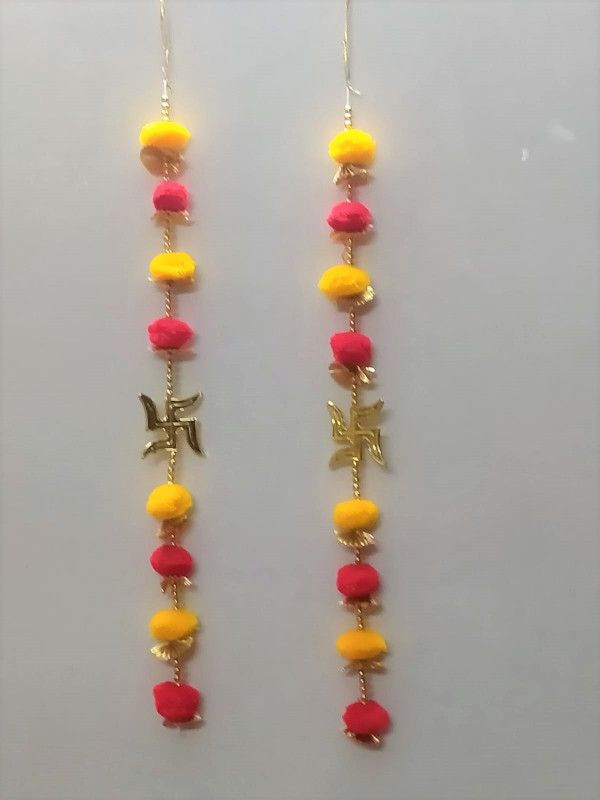 PANSHUL ART HANDMADE DECORATIVE WALL HANGING FOR MAIN DOOR Toran  (RED &YELLOW COLOUR POMPOMS, WITH GOLDEN BELLS, WITH GOLDEN BEADS)