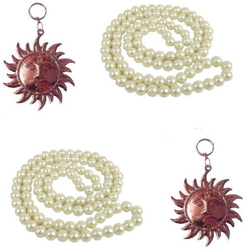 Adhvik Combo Of 2 Pcs Copper Color Sun Face Wall Hanging Idol For With 2 pcs Natural Lifestyle 34 Cm Long 7mm White Moti Pearls Mala Brass  (Multicolor)