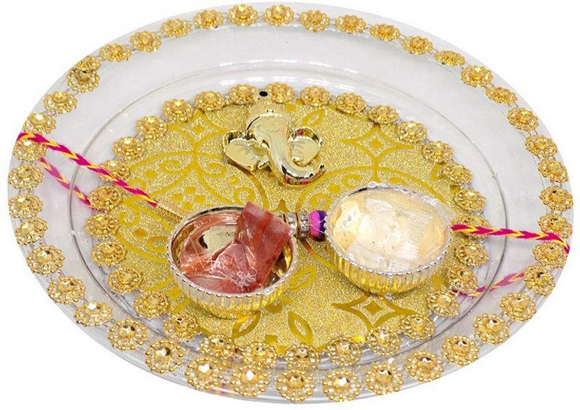 Rakhi, Thali, Chawal Roli Pack Set  (1 rakhi, 1 thali, 1 roli chawal pack)