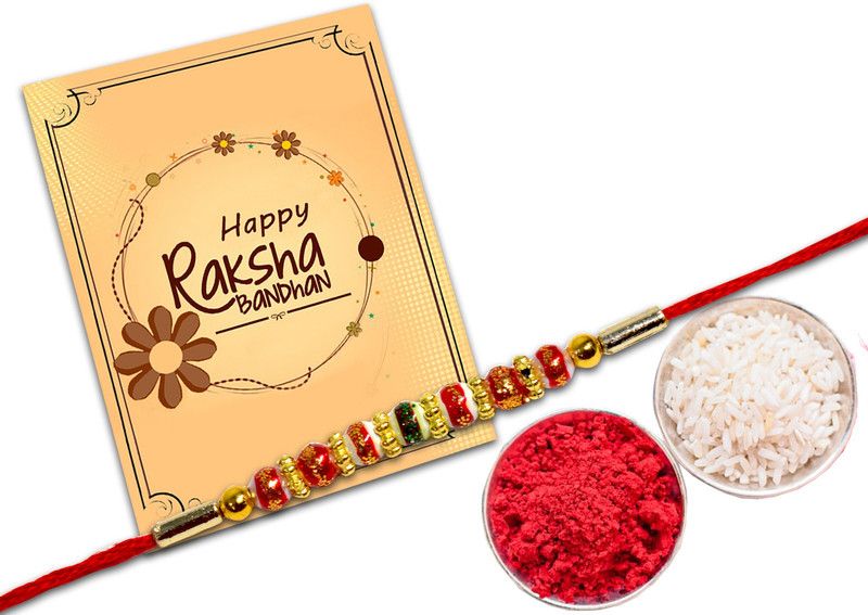 Rakhi, Chawal Roli Pack, Greeting Card Set  (1 Rakhi with Roli chawal, 1 Greeting Card)