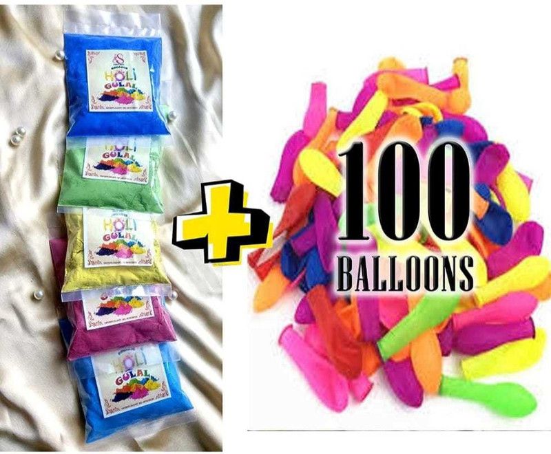 RUPALTTOYSBABA Holi Gulal & Water Balloons, 100 Pcs Holi Color Powder Pack of 5  (Green, Yellow, Purple, Blue, Beige, 50 g)
