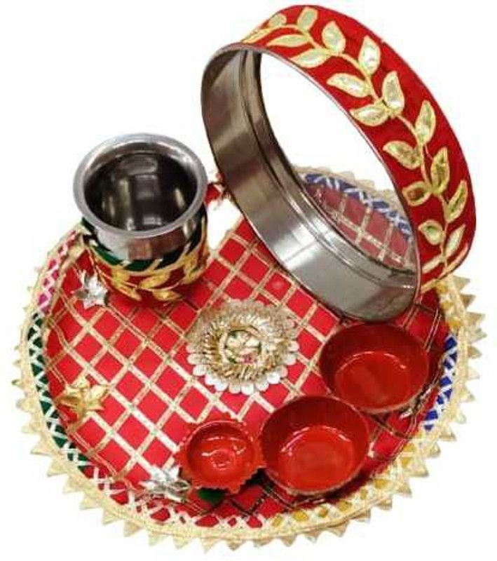 Aaina creations Karwachauth Indian Special Customized Karwa Chauth Decorative Pooja Thali Steel  (6 Pieces, Multicolor)