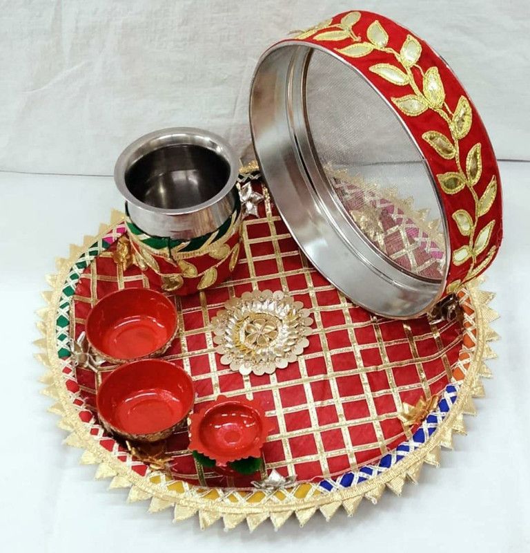 BDS CREATIONS Handmade Decorative puja thali for raksha bandhan,karwa chauth, Navratri Stainless Steel  (1 Pieces, Red)
