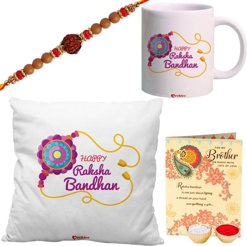 Rakhi Set  (1 Rakhi, 1 Premium Mug, 1 Premium Cushion and Filler, 1Card, 1 Roli Chawal Set)