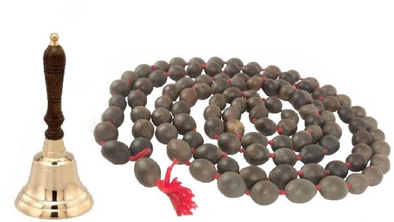 Uniqon Combo Of 1 Pcs Round Head Wooden Grip ( 2 No Regular Size )Puja Bell With 1 pcs Natural Lifestyle 86 Cm Long 10mm Lotus Seeds Mala Brass  (Multicolor)