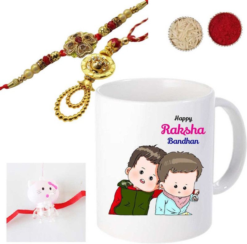 Rakhi Set  (Bhaiya Bhabi Rakhi Set, Kids Rakhi, Printed Mug, Roli, Chawal)