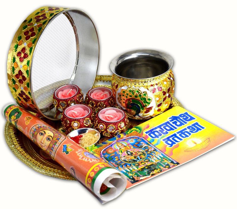 ME&YOU Karwa chauth thali set| karwachauth puja thali set | Pooja Thal | Lota /Kalash | Channi | Story Book | Calendar | Roli Akshat | Decorative Diya for Karwa Chauth Pooja Steel  (Multicolor)
