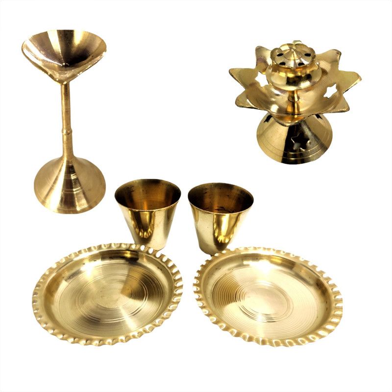 Pooja Thali Set, Pooja Thali Combo Set Brass  (7 Pieces, Gold)