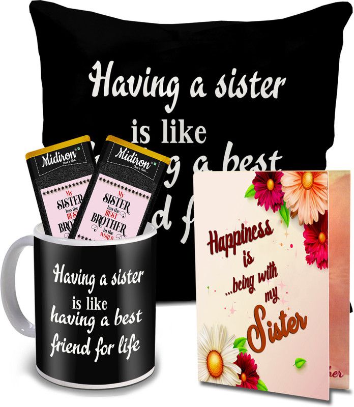 Midiron Gift for Sister | Chocolate Bar | Printed Cushion (16*16 inch)| Coffee Mug| Greeting Card for her Birthday, Anniversary, Rakhi Return Gifts IZ20DTSister-100 Ceramic Gift Box  (Multicolor)