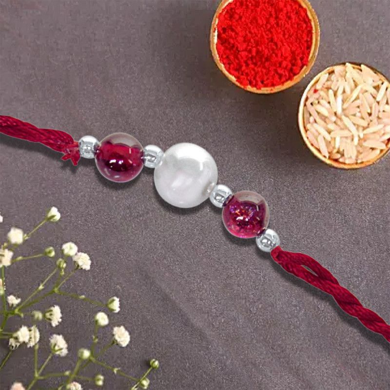 Surat Diamonds Real Freshwater Pearl & Red Garnet Rakhi (White, Red, Pack of 1) Rakhi Set