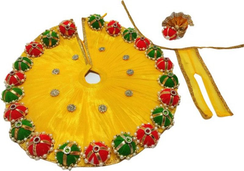 SHYAM Laddu Gopal FESTIVAL Special CALCUTTA PATCH HEAVY Look CAP Dress With Matching Heavy CAP MUKUT/Pagdi [JANMASHTAMI Special YELLOW Color Dress] Size (3) Handmade Premium Quality Dress  (Cotton)