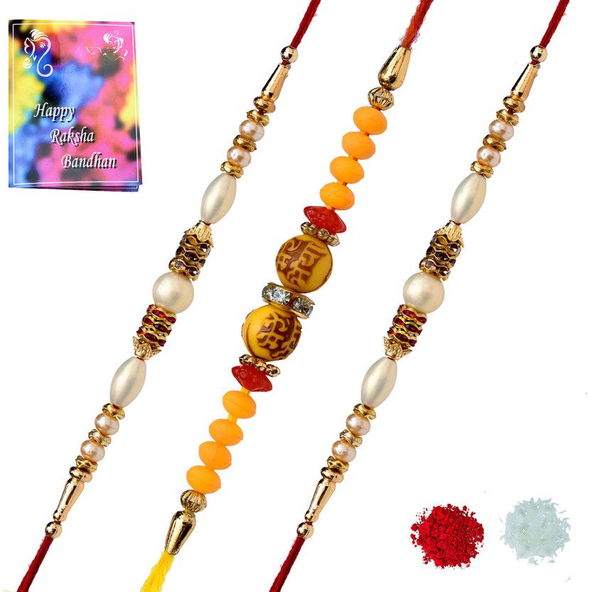 Rakhi, Chawal Roli Pack, Greeting Card Set  (3 rakhi, 1 roli chawal pack, 1 greeting card)