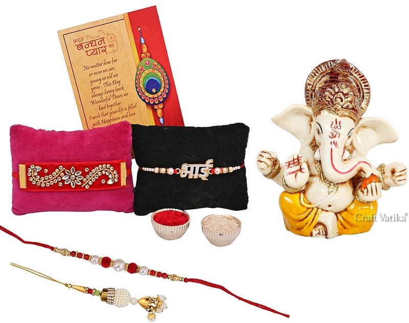 Showpiece, Rakhi, Lumba, Greeting Card, Chawal Roli Pack Set  (1 Ganesh Statue, 1 Bhai Rakhi for Brother, 1 Handmade Premium Kundan Rakhi On Valvet, 1 Designer Lumba Rakhi for Bhabhi, 1 Dora Rakhi, Best Wishes Greeting Card with Roli Chawal)